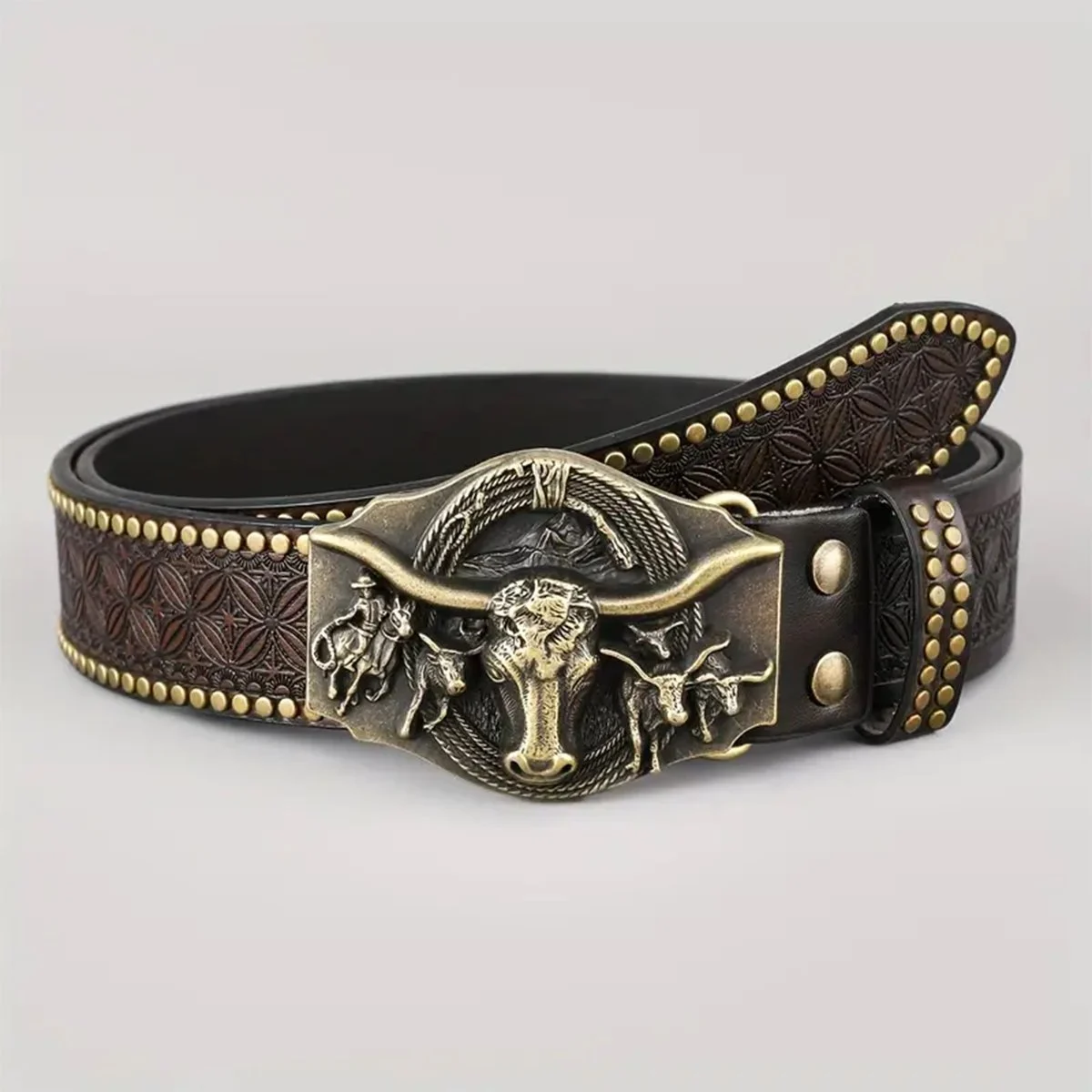 Western Cowboy Belt, Youth Punk Embossed Men's Studded Leather In-stock Ethnic Style Belt — image 9