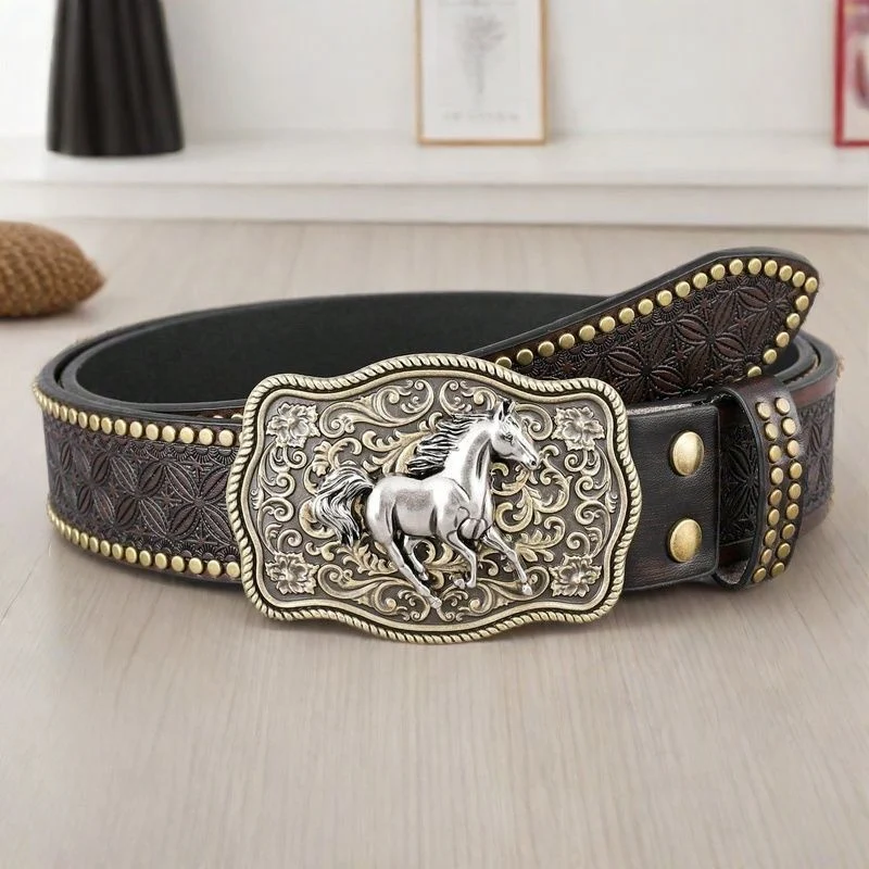 Western Cowboy Belt, Youth Punk Embossed Men's Studded Leather In-stock Ethnic Style Belt — image 10
