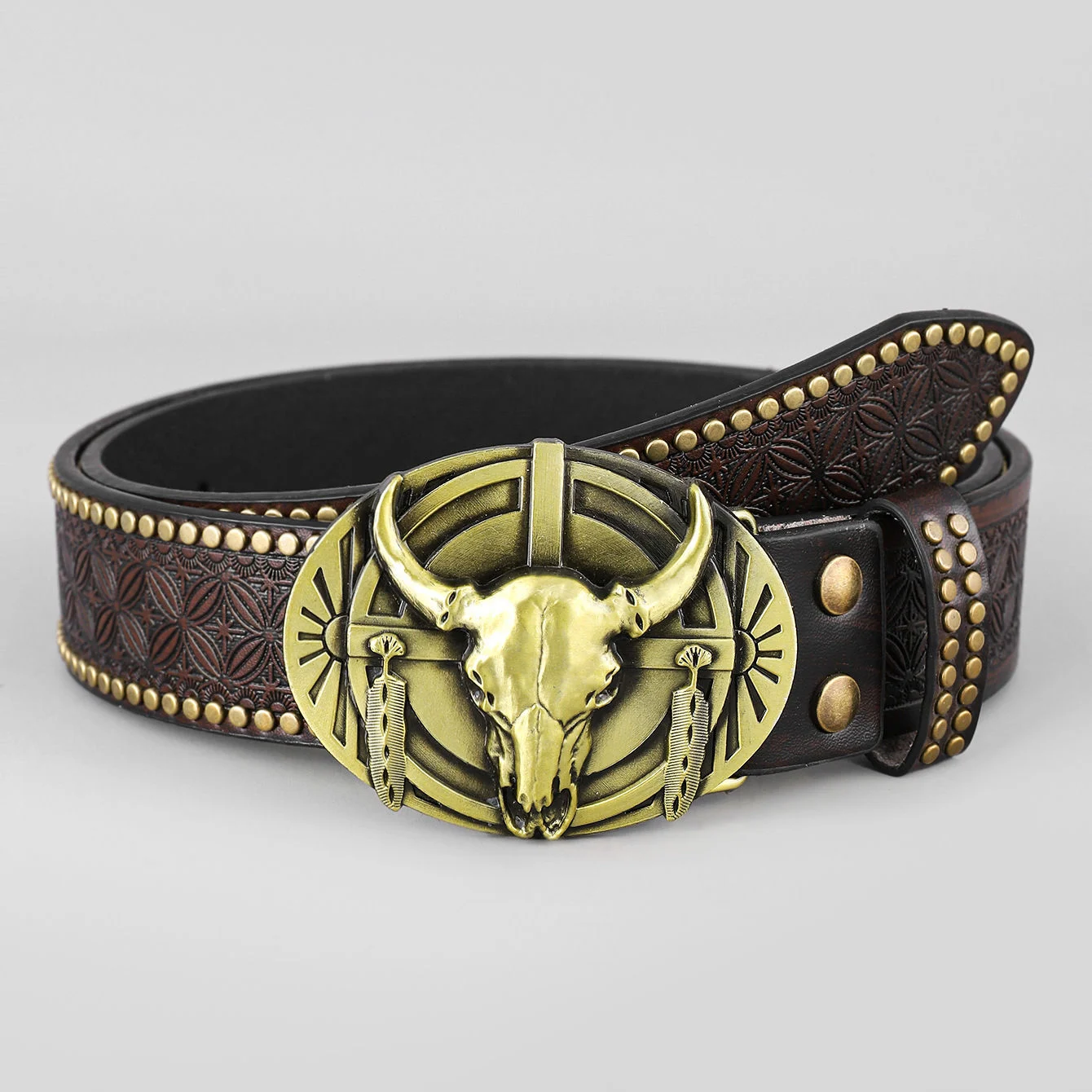 Western Cowboy Belt, Youth Punk Embossed Men's Studded Leather In-stock Ethnic Style Belt — image 3