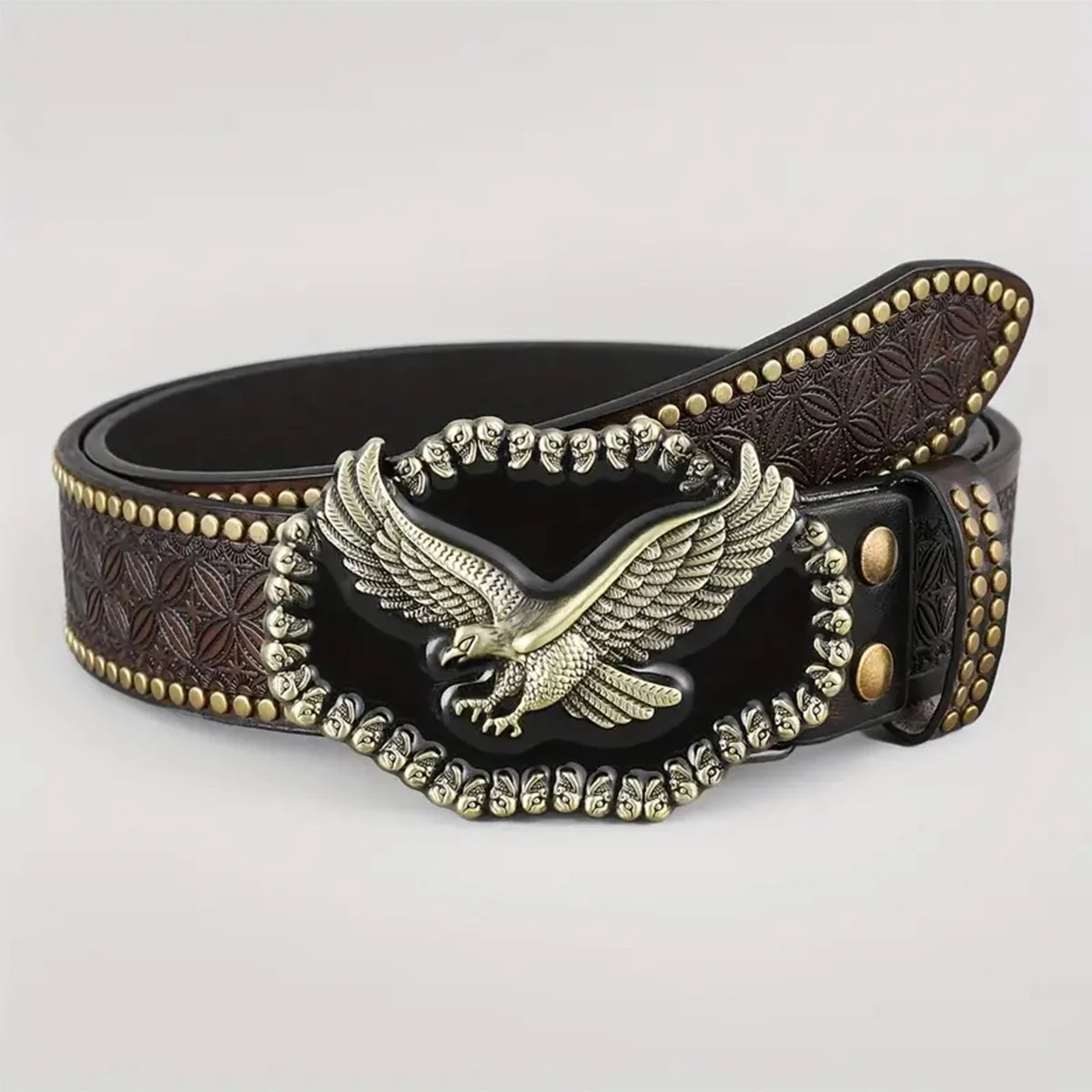 Western Cowboy Belt, Youth Punk Embossed Men's Studded Leather In-stock Ethnic Style Belt — image 1