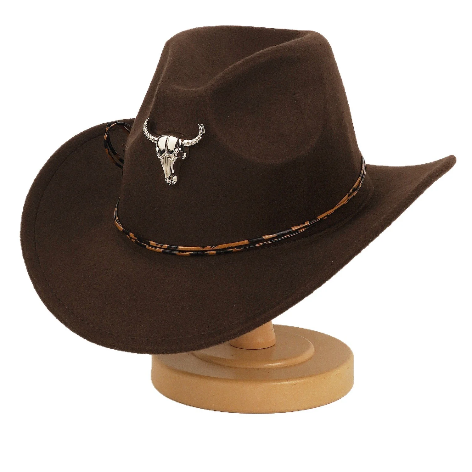 Western Cowboy Hat For Men And Women Metal Bull-head Wool Cavalry Cap Top — image 5