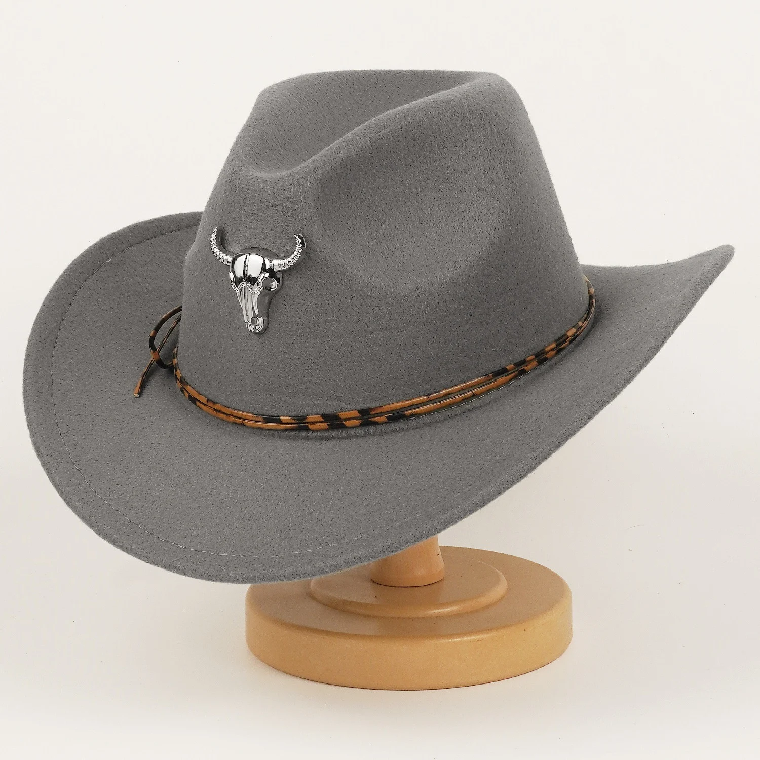 Western Cowboy Hat For Men And Women Metal Bull-head Wool Cavalry Cap Top — variant image
