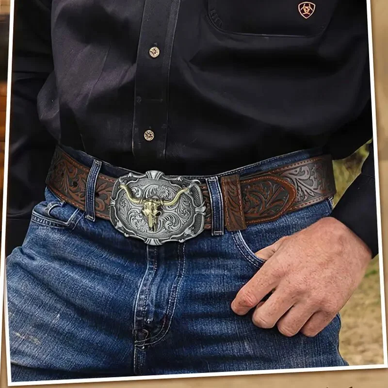 Western Cowboy Retro Bull Head Men's Belt Embossed American Jeans Factory Ready Stock… — image 5