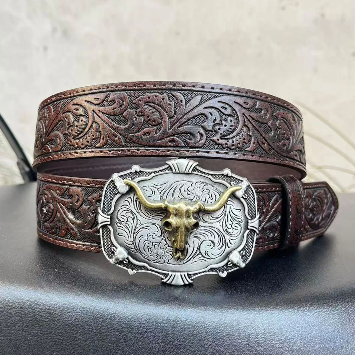 Western Cowboy Retro Bull Head Men's Belt Embossed American Jeans Factory Ready Stock… — image 4