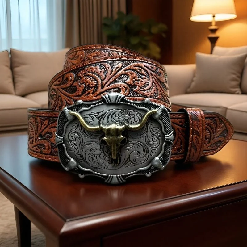 Western Cowboy Retro Bull Head Men's Belt Embossed American Jeans Factory Ready Stock… — image 2