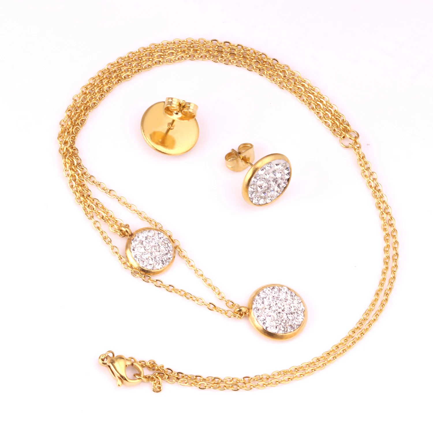 White Mud Pendant Double Chain Gold Stainless Steel Jewelry Set For Women — image 2