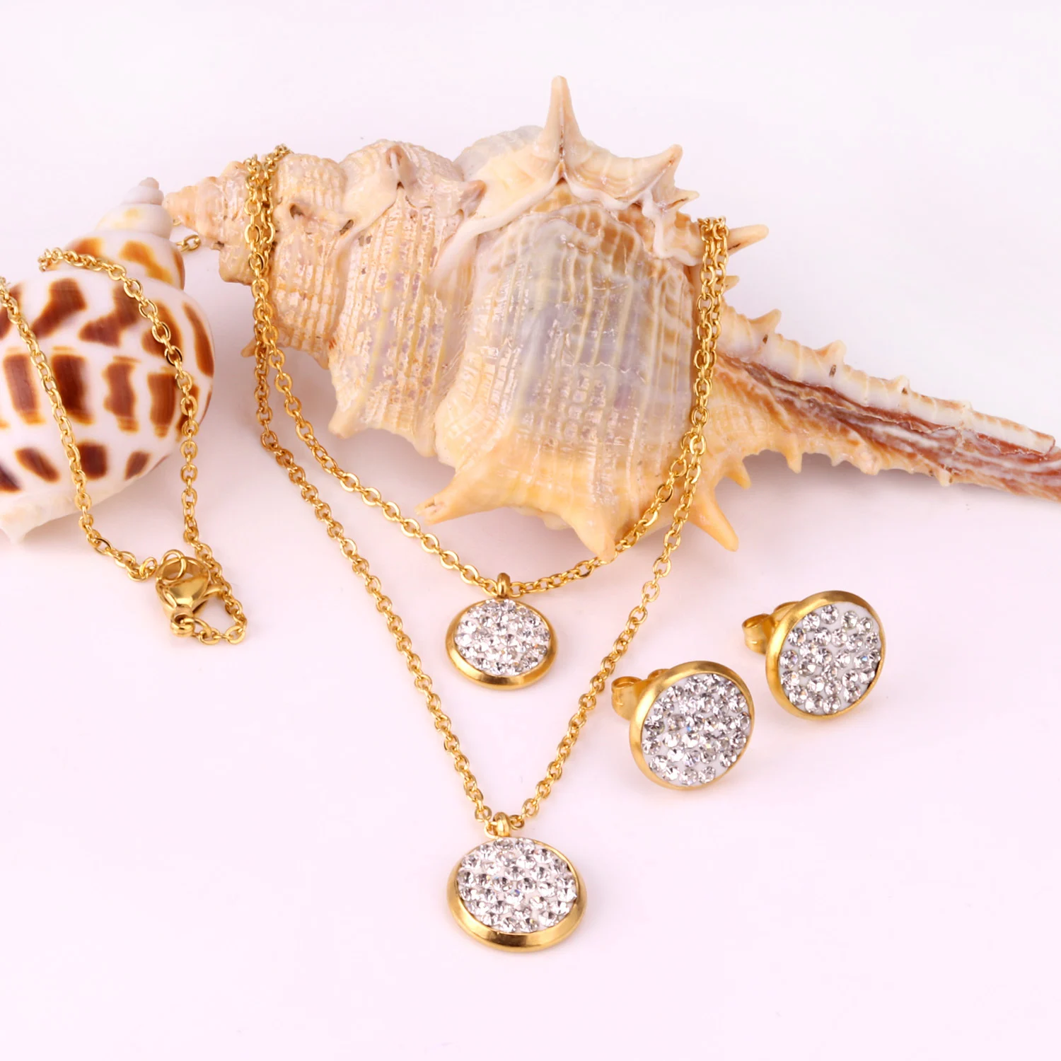 White Mud Pendant Double Chain Gold Stainless Steel Jewelry Set For Women — image 4