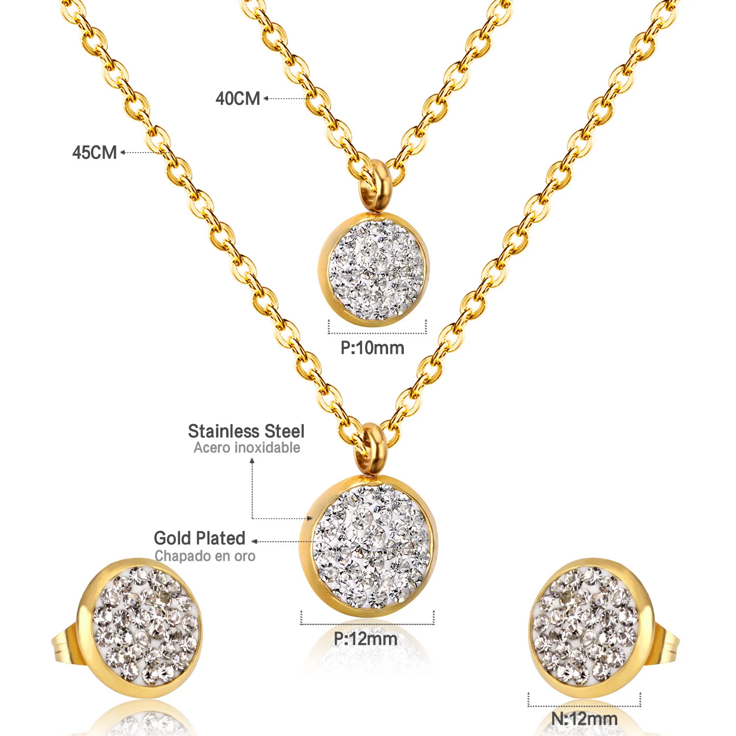White Mud Pendant Double Chain Gold Stainless Steel Jewelry Set For Women — image 3