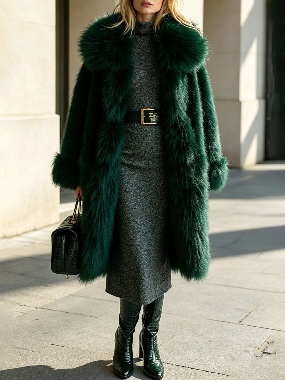Wide Lapel Loose Long Dark Green Faux Fur Coat — image 3