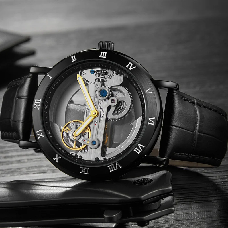 Wolishi Mens Mechanical Watch Leather Strap Waterproof Open-work Design — image 6