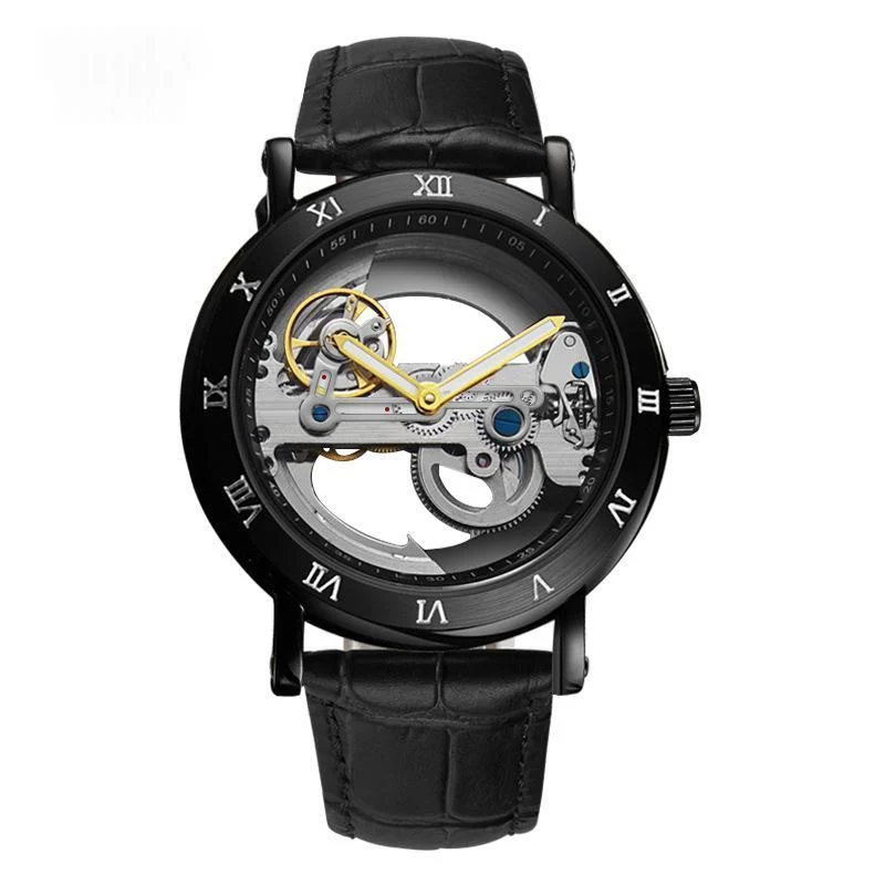 Wolishi Mens Mechanical Watch Leather Strap Waterproof Open-work Design — image 2