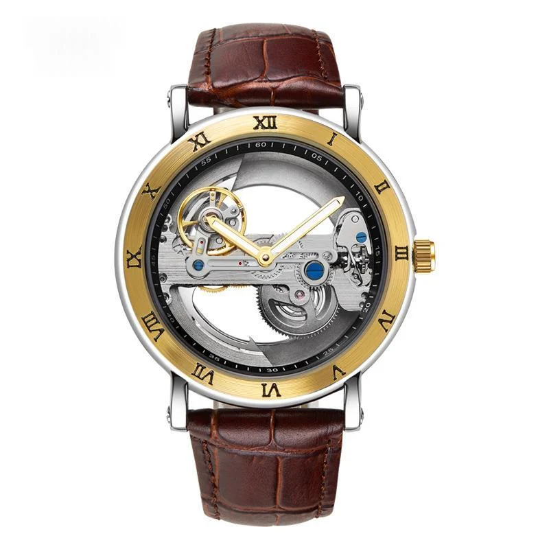 Wolishi Mens Mechanical Watch Leather Strap Waterproof Open-work Design — image 1