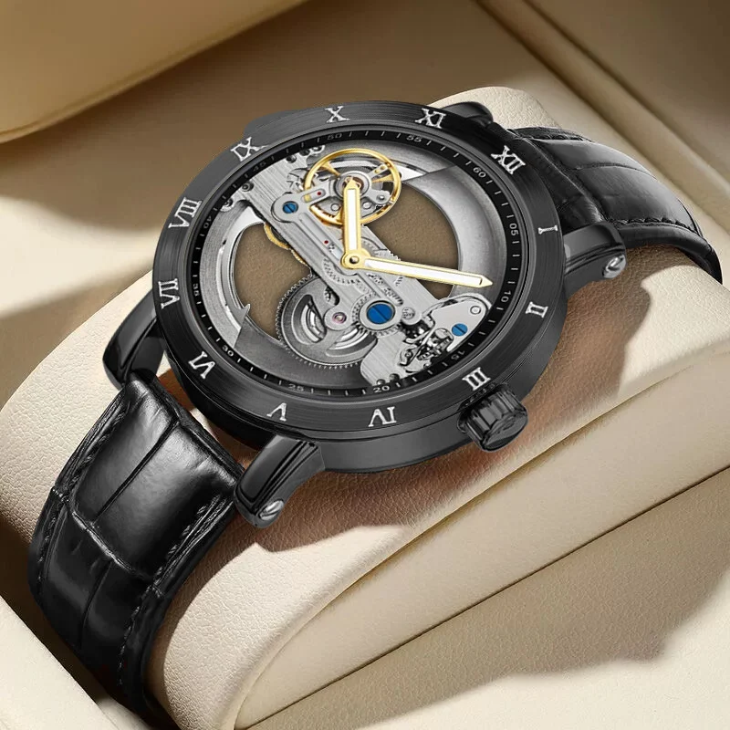 Wolishi Mens Mechanical Watch Leather Strap Waterproof Open-work Design — image 4