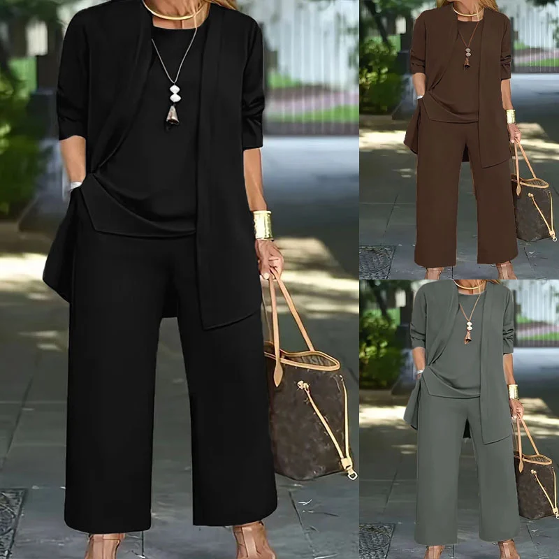 Women 3 Piece Outfit Set Open Front Cardigan Sleeveless Tank Top Wide Leg Pants Casual… — image 3