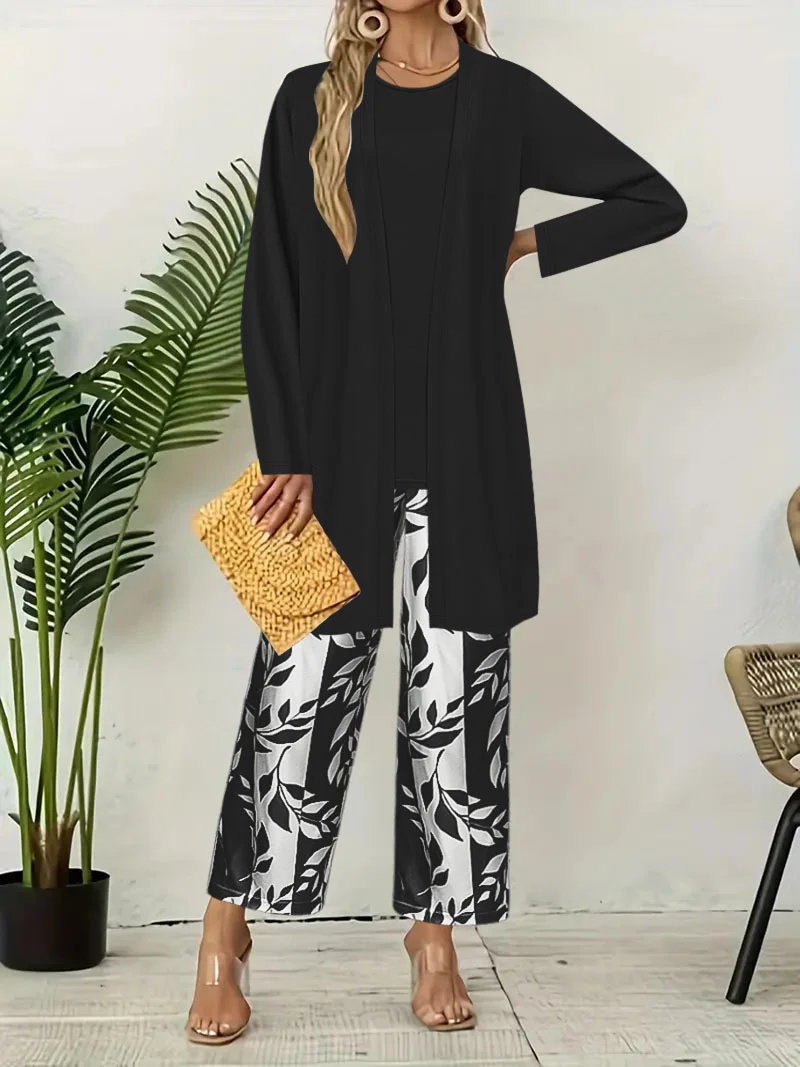 Women 3 Piece Outfit Set Open Front Long Cardigan Sleeveless Tank Top Leaf Print Wide… — image 4