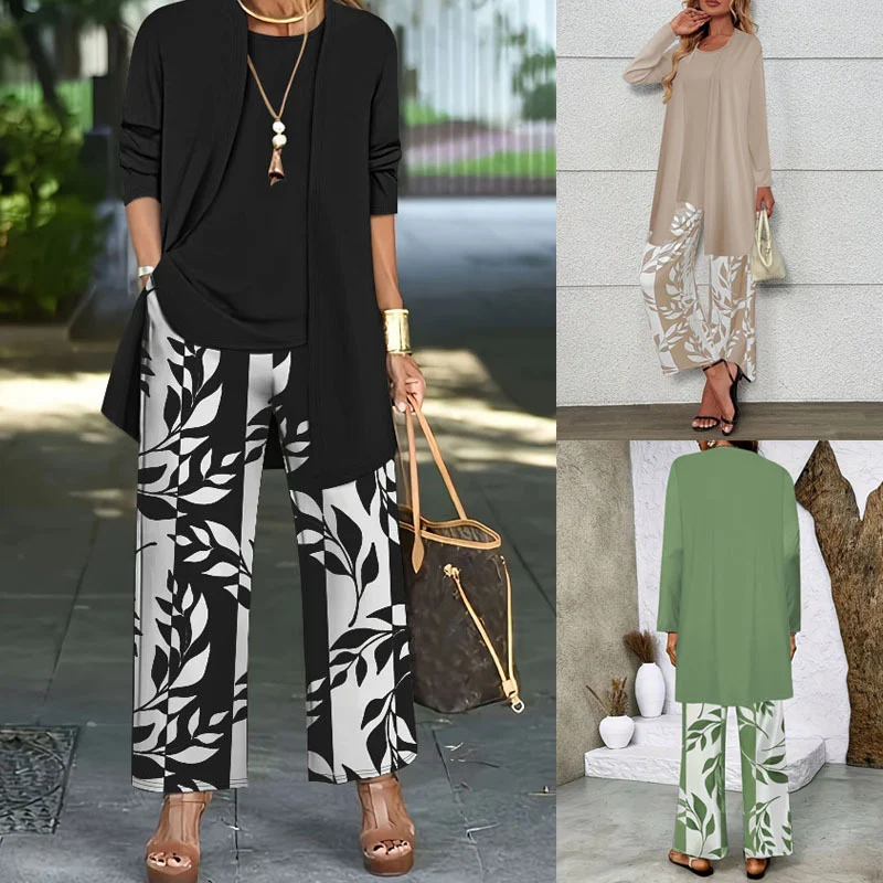 Women 3 Piece Outfit Set Open Front Long Cardigan Sleeveless Tank Top Leaf Print Wide… — image 2