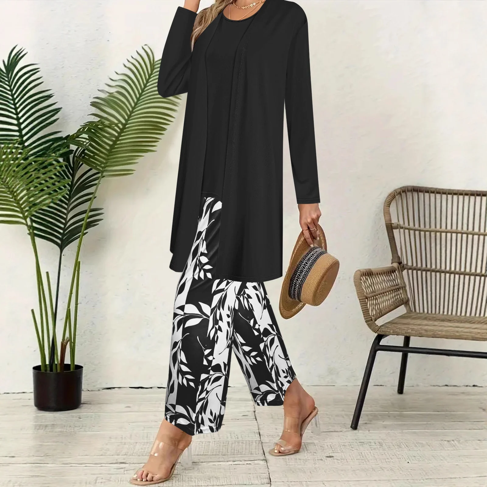 Women 3 Piece Outfit Set Open Front Long Cardigan Sleeveless Tank Top Leaf Print Wide… — image 8