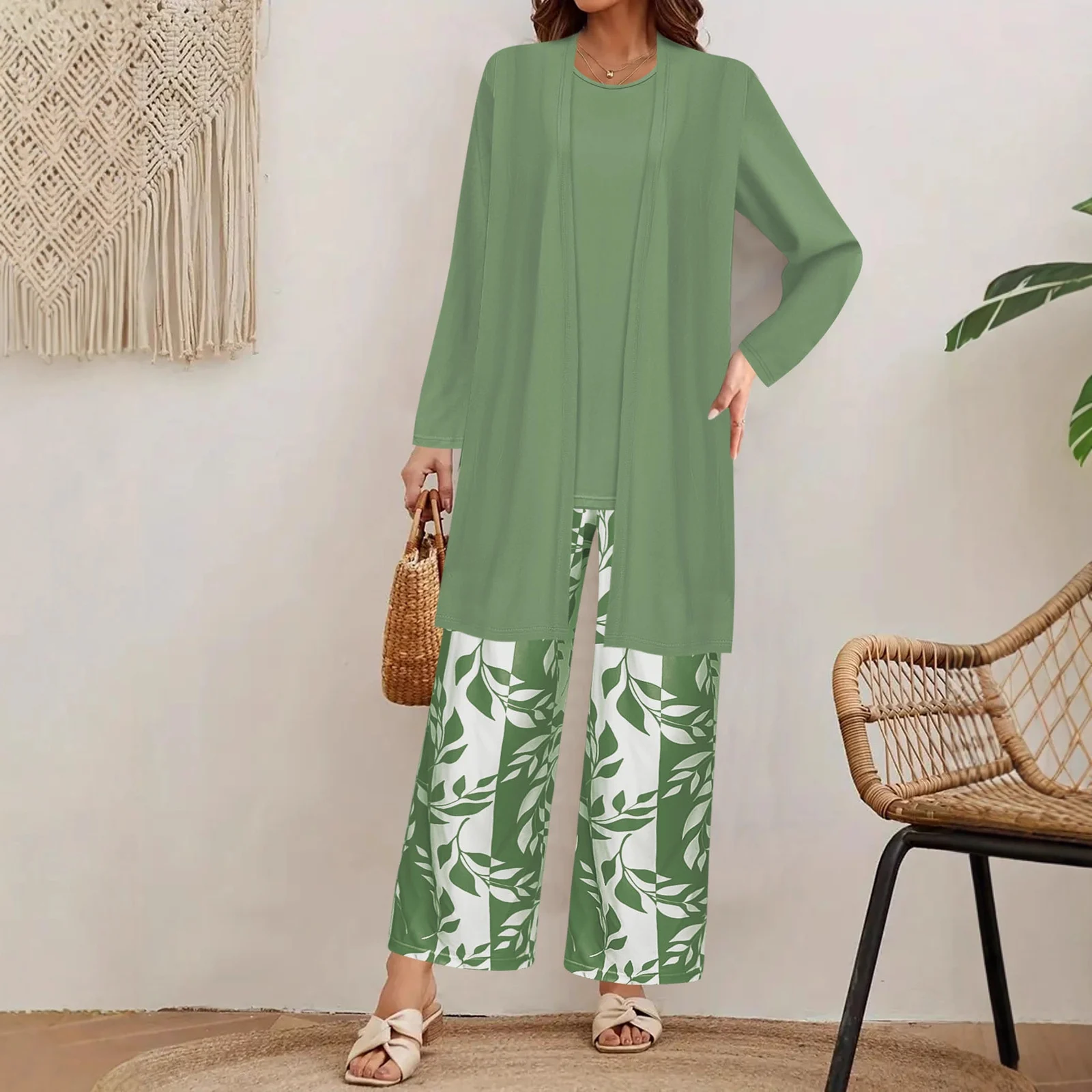 Women 3 Piece Outfit Set Open Front Long Cardigan Sleeveless Tank Top Leaf Print Wide… — image 7