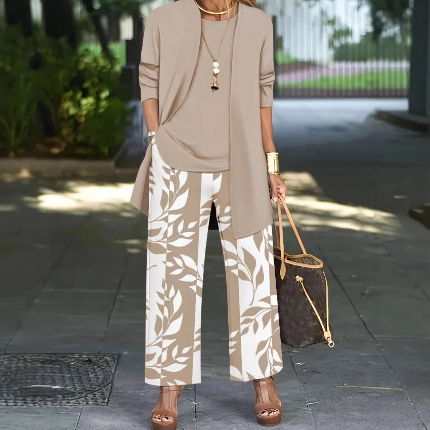 Women 3 Piece Outfit Set Open Front Long Cardigan Sleeveless Tank Top Leaf Print Wide… — image 5
