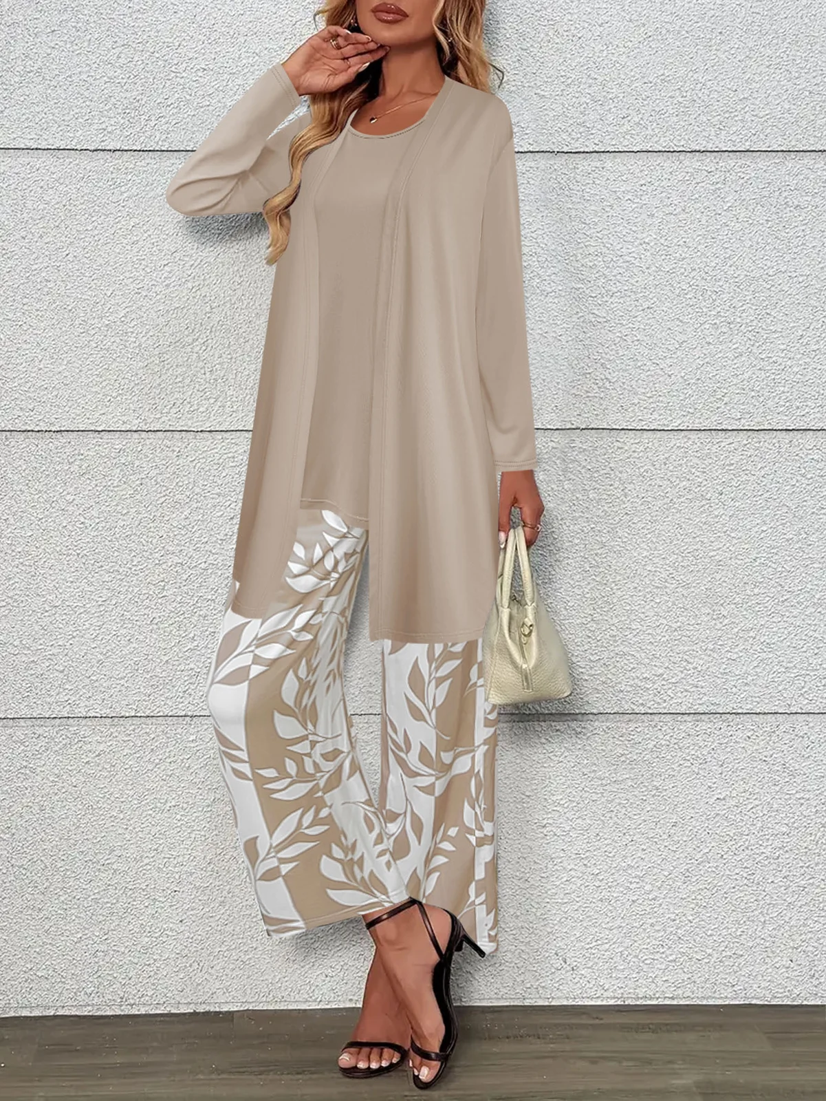 Women 3 Piece Outfit Set Open Front Long Cardigan Sleeveless Tank Top Leaf Print Wide… — image 6
