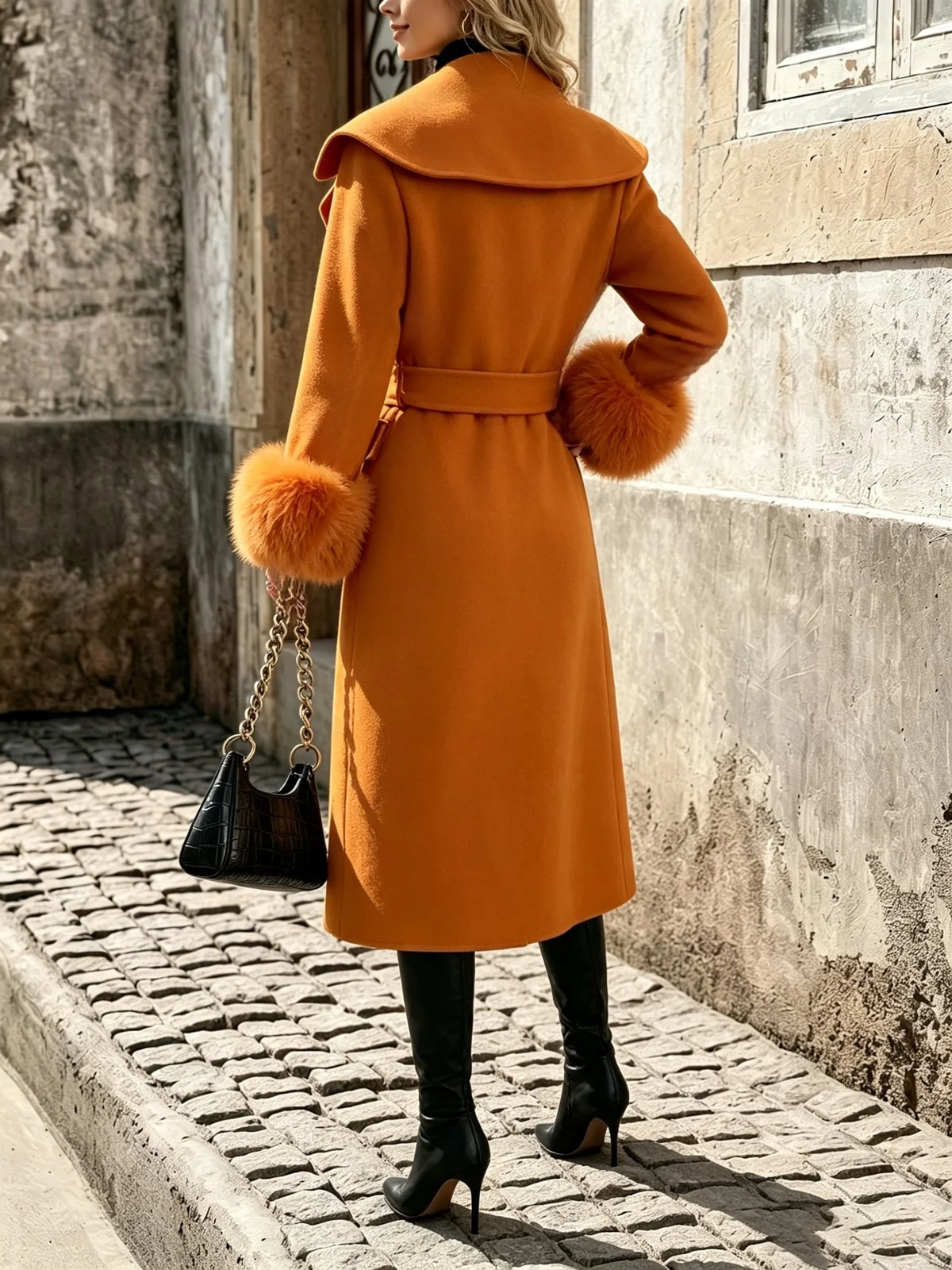 Women Belted Long Wool Coat Detachable Fur Cuffs — image 2