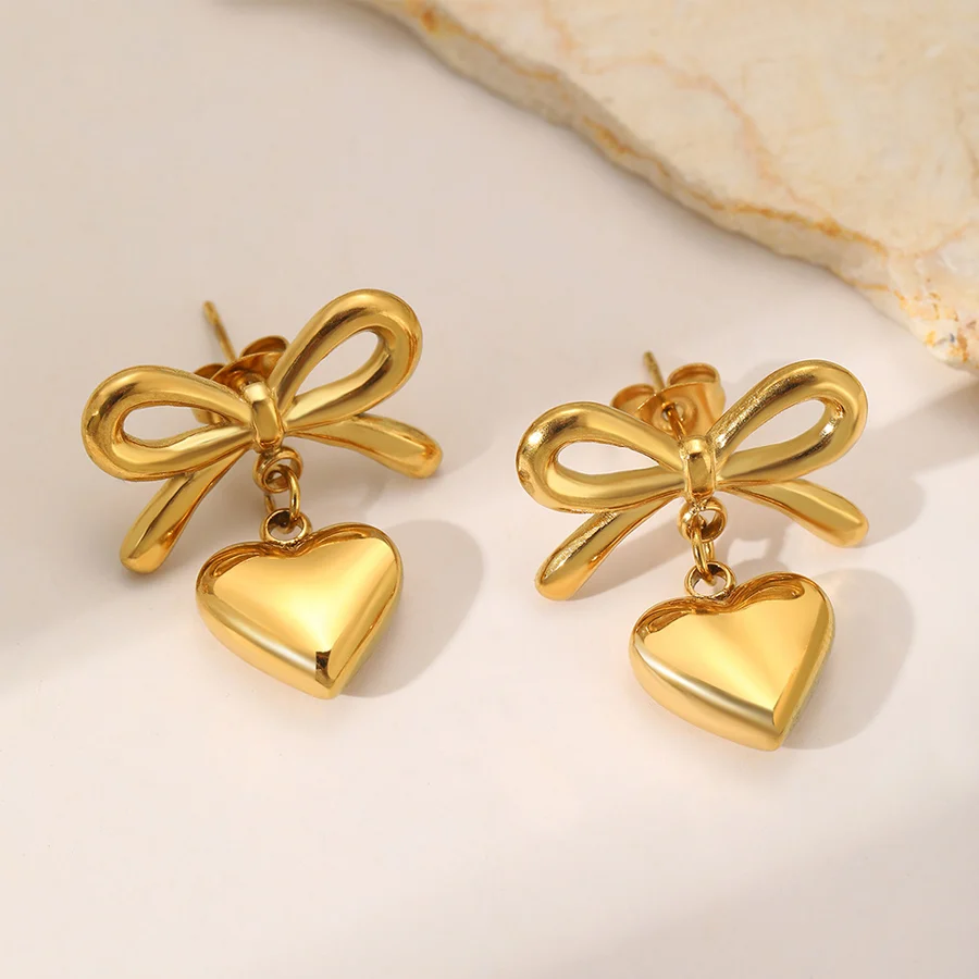 Women Bowknot 3D Puffy Heart Jewelry Set Snake Chain Necklace & Stud Earrings 2pcs… — image 2