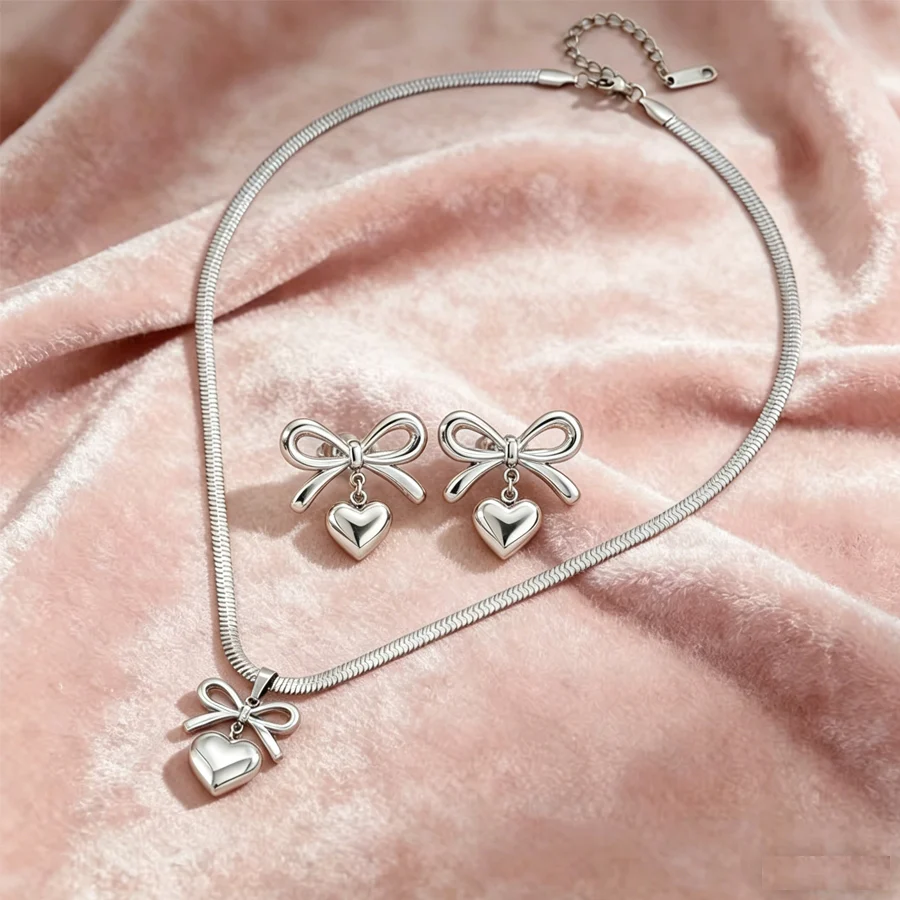 Women Bowknot 3D Puffy Heart Jewelry Set Snake Chain Necklace & Stud Earrings 2pcs… — image 4