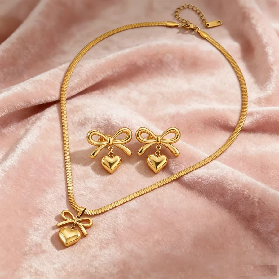 Women Bowknot 3D Puffy Heart Jewelry Set Snake Chain Necklace & Stud Earrings 2pcs… — image 6