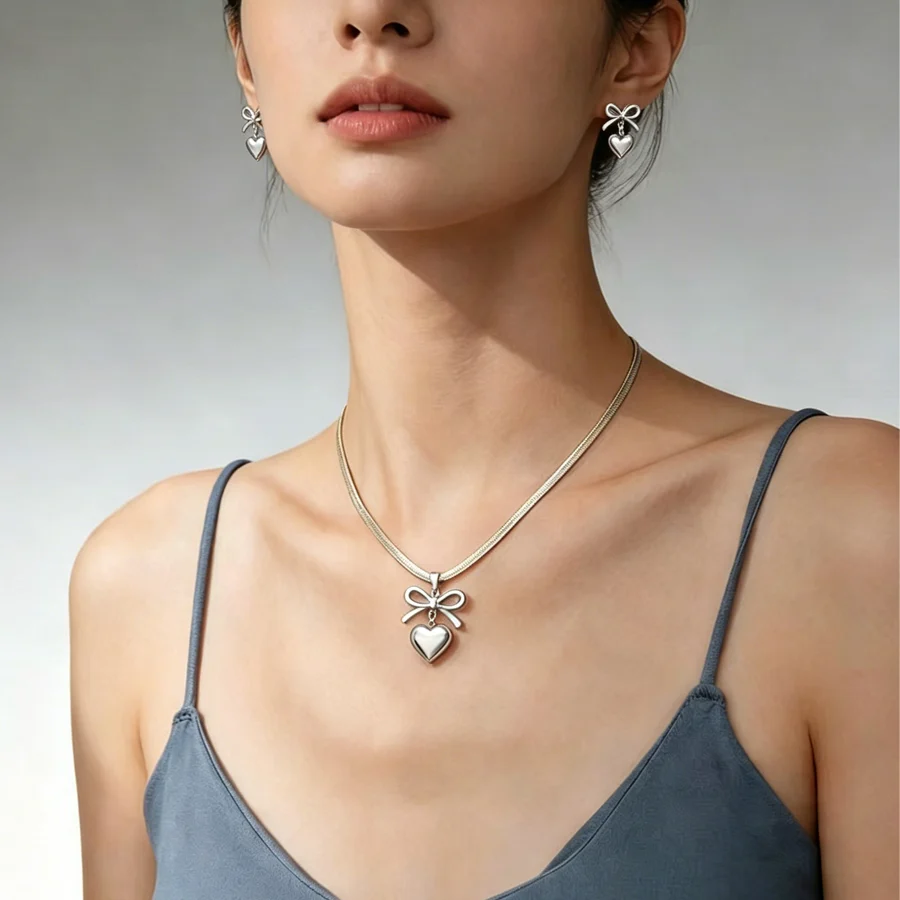 Women Bowknot 3D Puffy Heart Jewelry Set Snake Chain Necklace & Stud Earrings 2pcs… — image 3