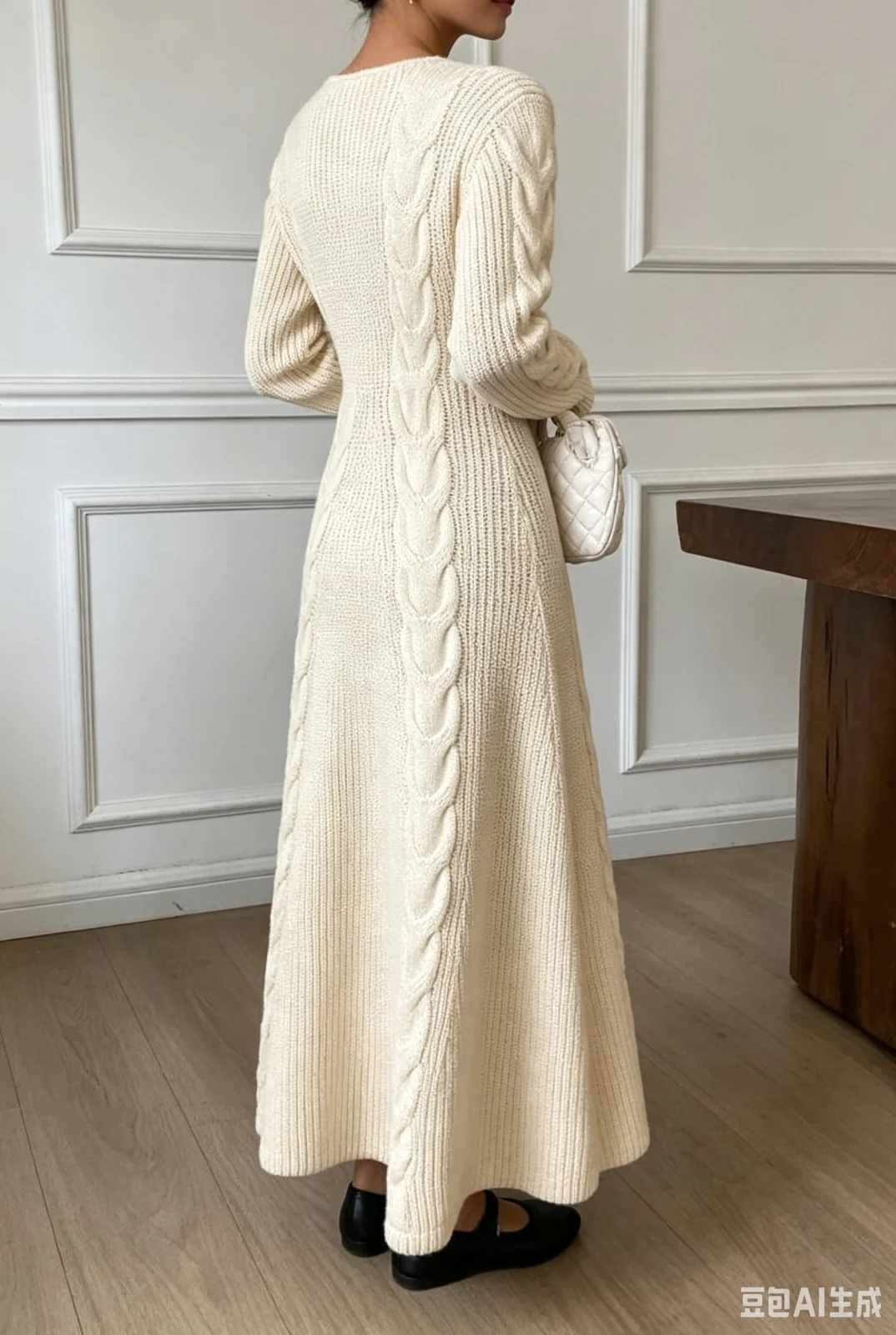 Women Cable Knit Round Neck Long Sleeve Maxi Sweater Dress — image 2