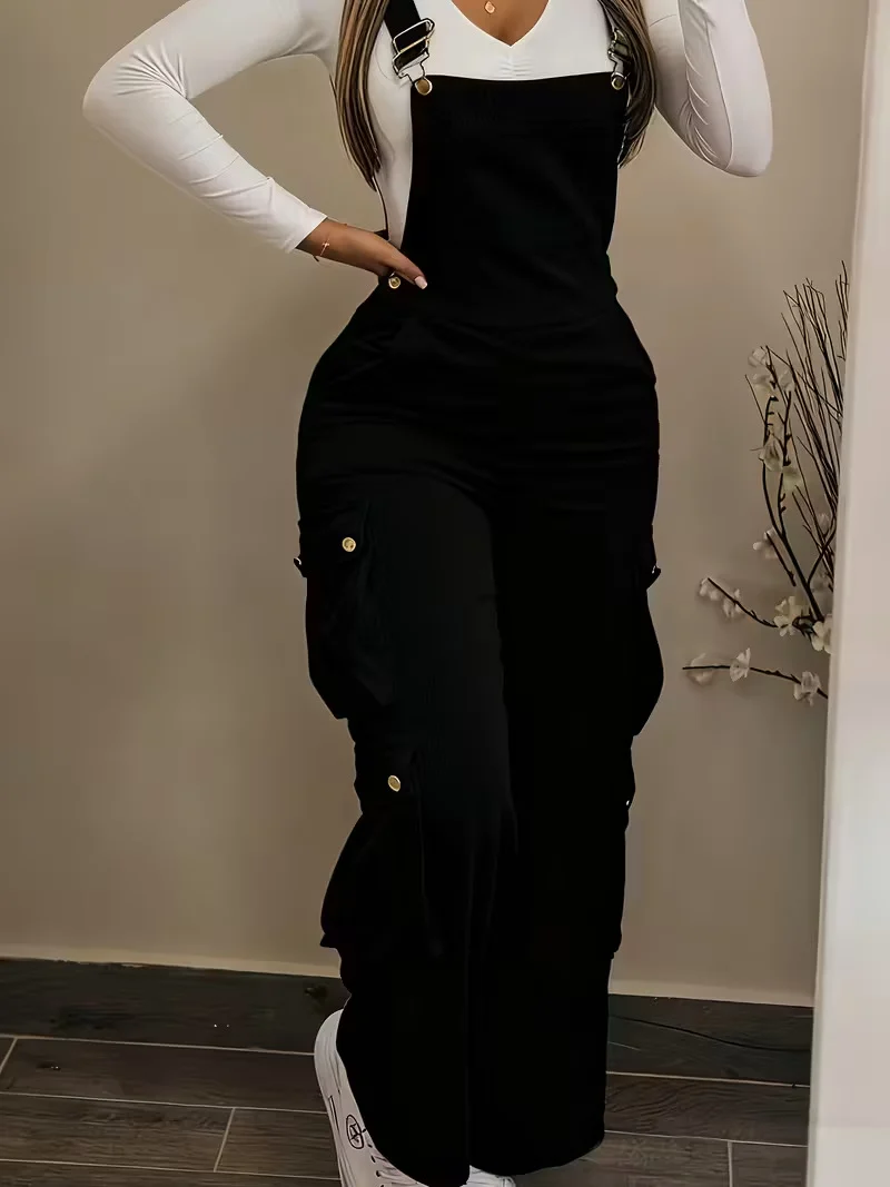 Women Casual Multi Pocket Corduroy Overalls Jumpsuits Straight Leg Cargo Pants — image 3