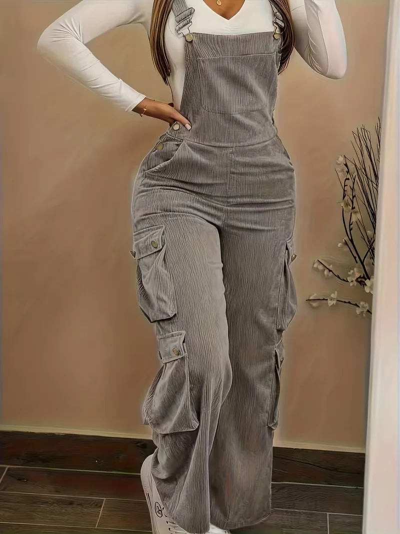Women Casual Multi Pocket Corduroy Overalls Jumpsuits Straight Leg Cargo Pants — image 2