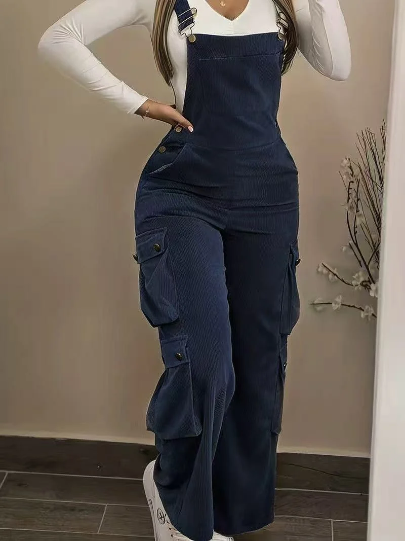 Women Casual Multi Pocket Corduroy Overalls Jumpsuits Straight Leg Cargo Pants — image 4