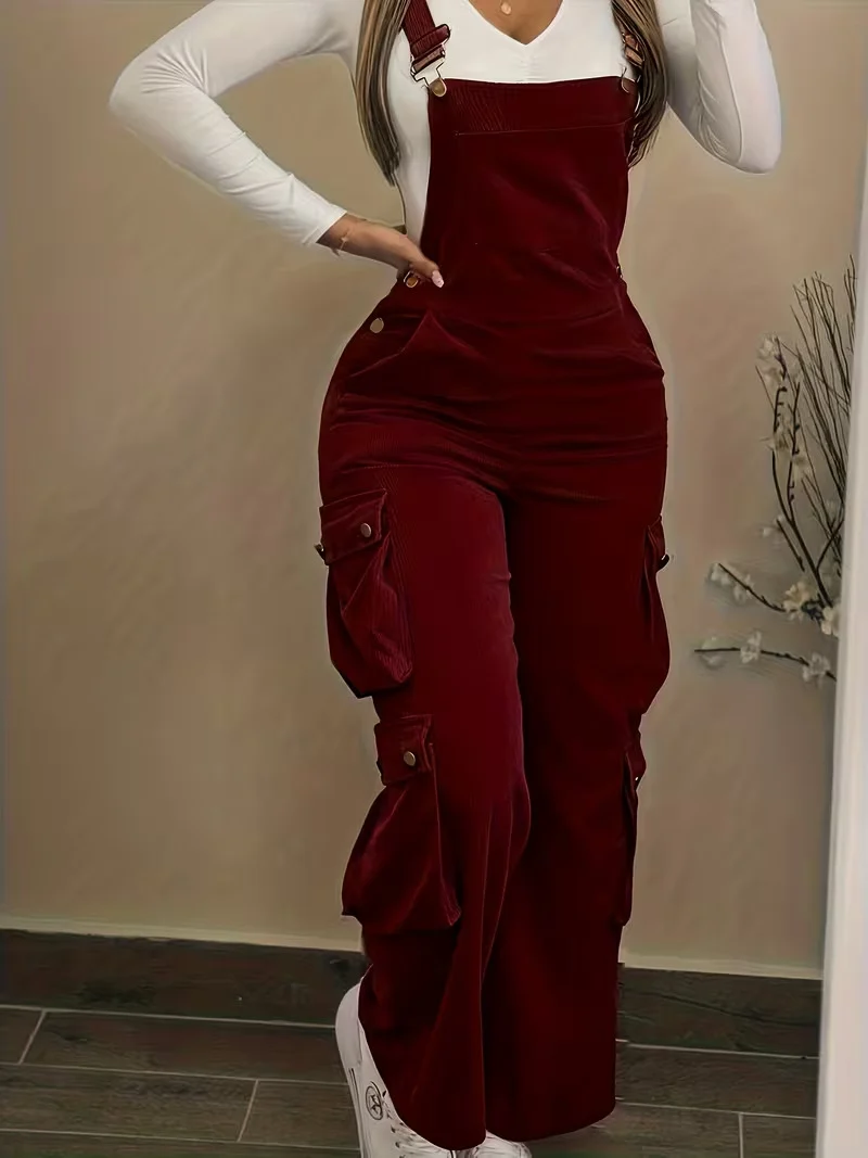 Women Casual Multi Pocket Corduroy Overalls Jumpsuits Straight Leg Cargo Pants — image 7