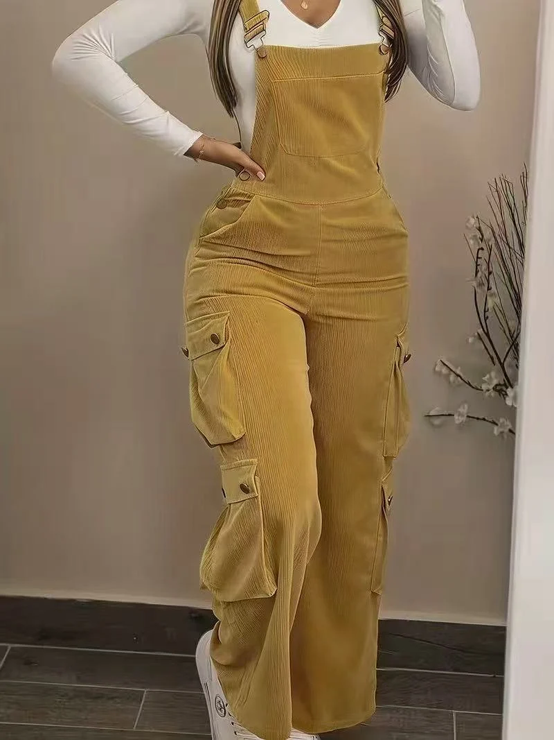 Women Casual Multi Pocket Corduroy Overalls Jumpsuits Straight Leg Cargo Pants — image 5