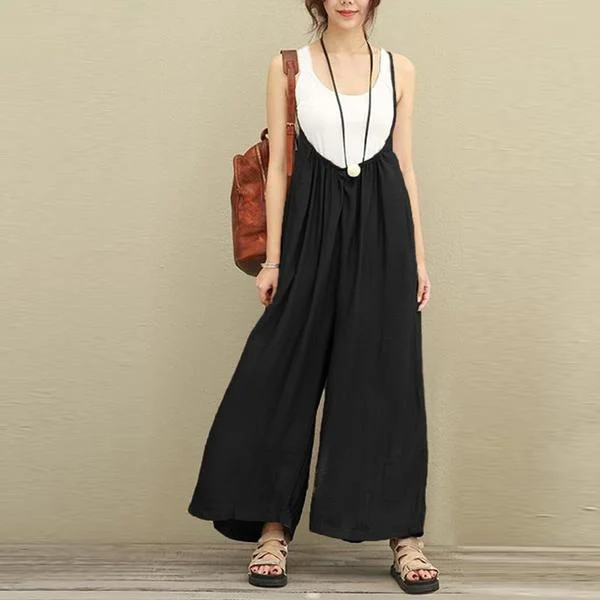 Women Cotton Linen One-piece Suspender Wide-leg Pants — image 3