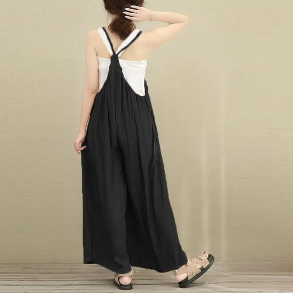 Women Cotton Linen One-piece Suspender Wide-leg Pants — image 4
