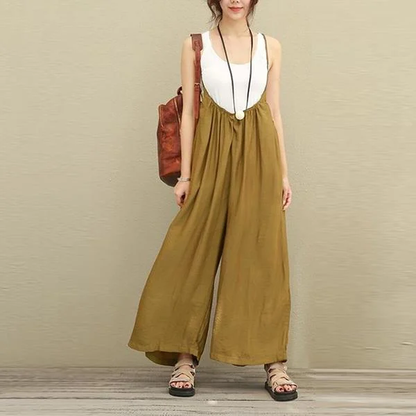 Women Cotton Linen One-piece Suspender Wide-leg Pants — image 2
