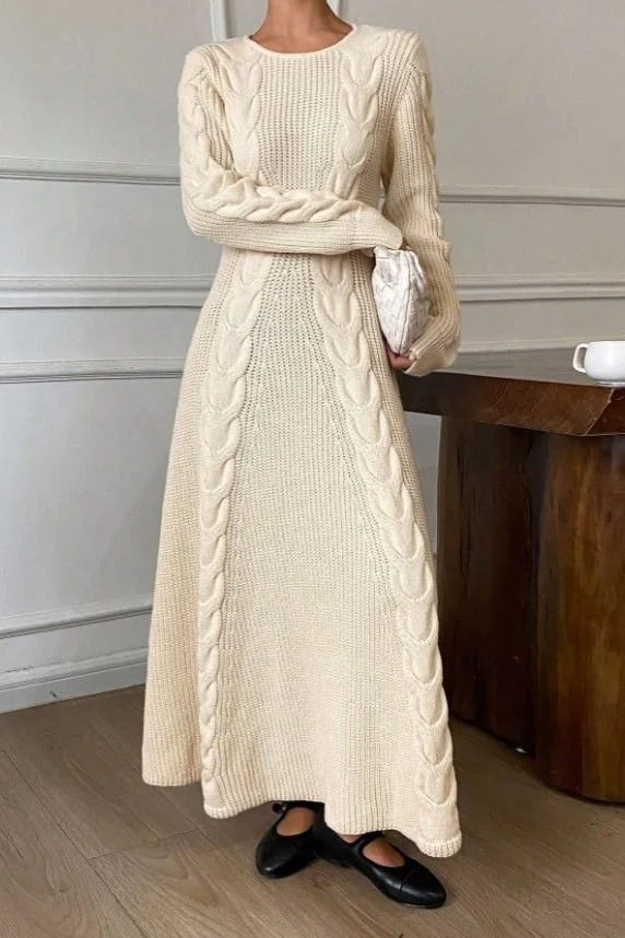 Women Crew Neck Cable Knit Long Sleeve Maxi Dress — image 2