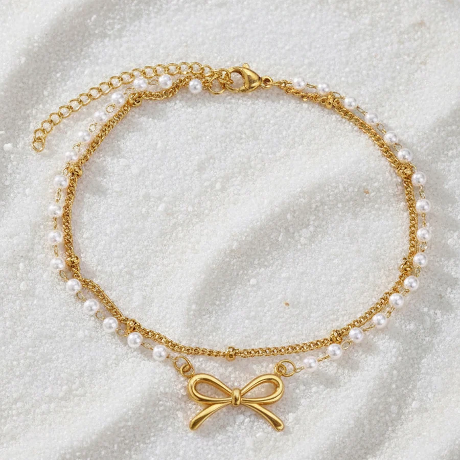 Women Double Layer Anklet Gold Tone Bow Knot Artificial Pearl Beaded Ankle Bracelet… — image 3