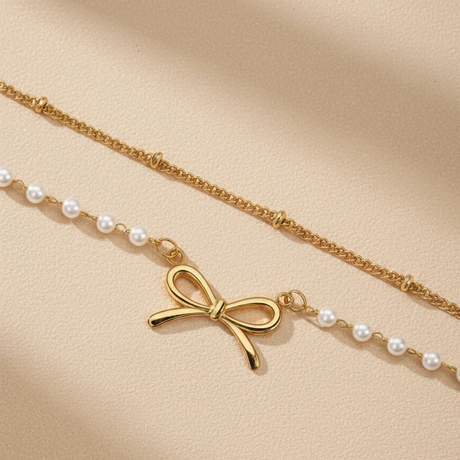 Women Double Layer Anklet Gold Tone Bow Knot Artificial Pearl Beaded Ankle Bracelet… — image 6