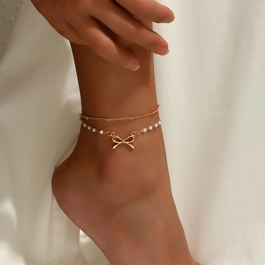 Women Double Layer Anklet Gold Tone Bow Knot Artificial Pearl Beaded Ankle Bracelet… — image 2