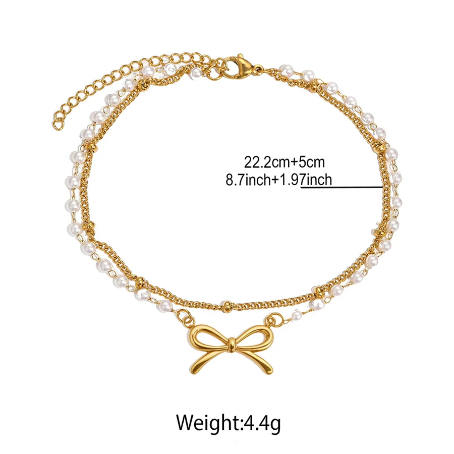 Women Double Layer Anklet Gold Tone Bow Knot Artificial Pearl Beaded Ankle Bracelet… — image 4