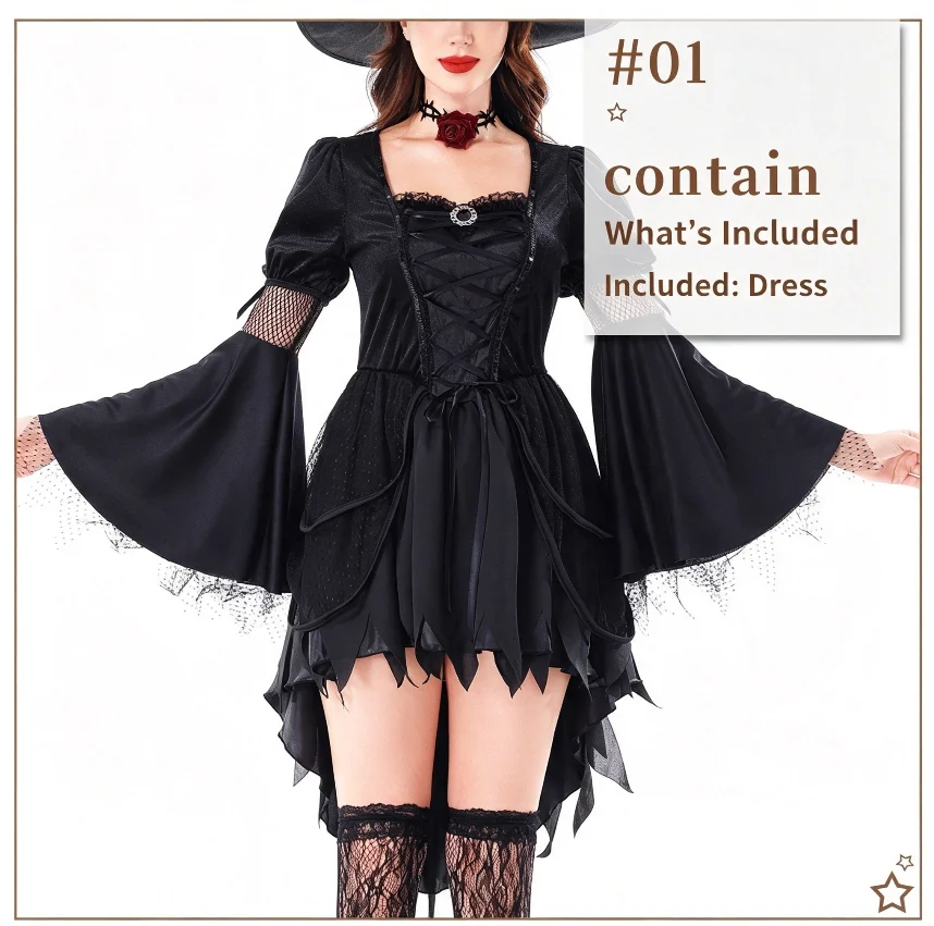 Women Gothic Witch Halloween Costume, Black Irregular Hem Dress With Hat, Dark Forest… — image 6