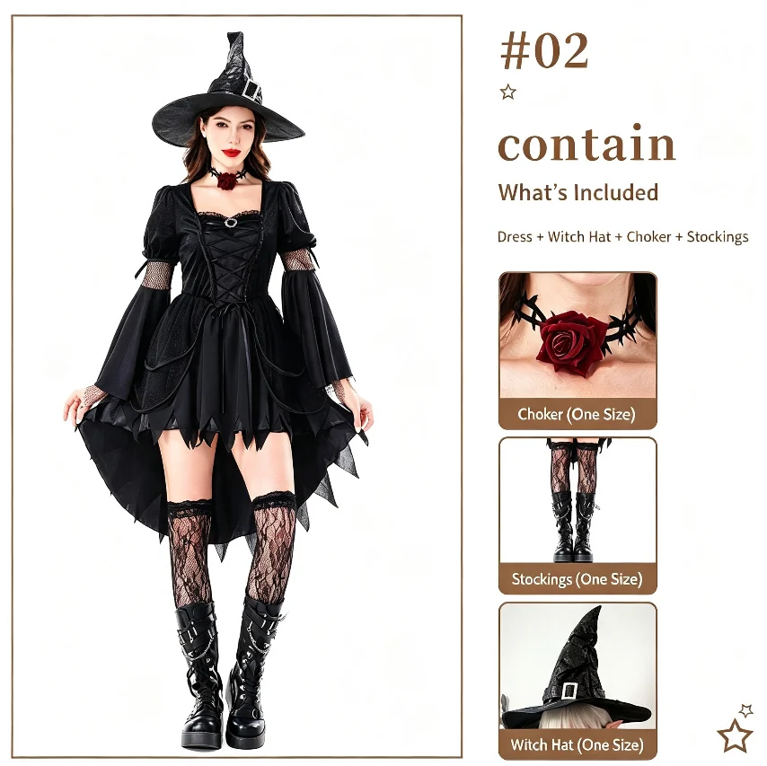 Women Gothic Witch Halloween Costume, Black Irregular Hem Dress With Hat, Dark Forest… — image 5