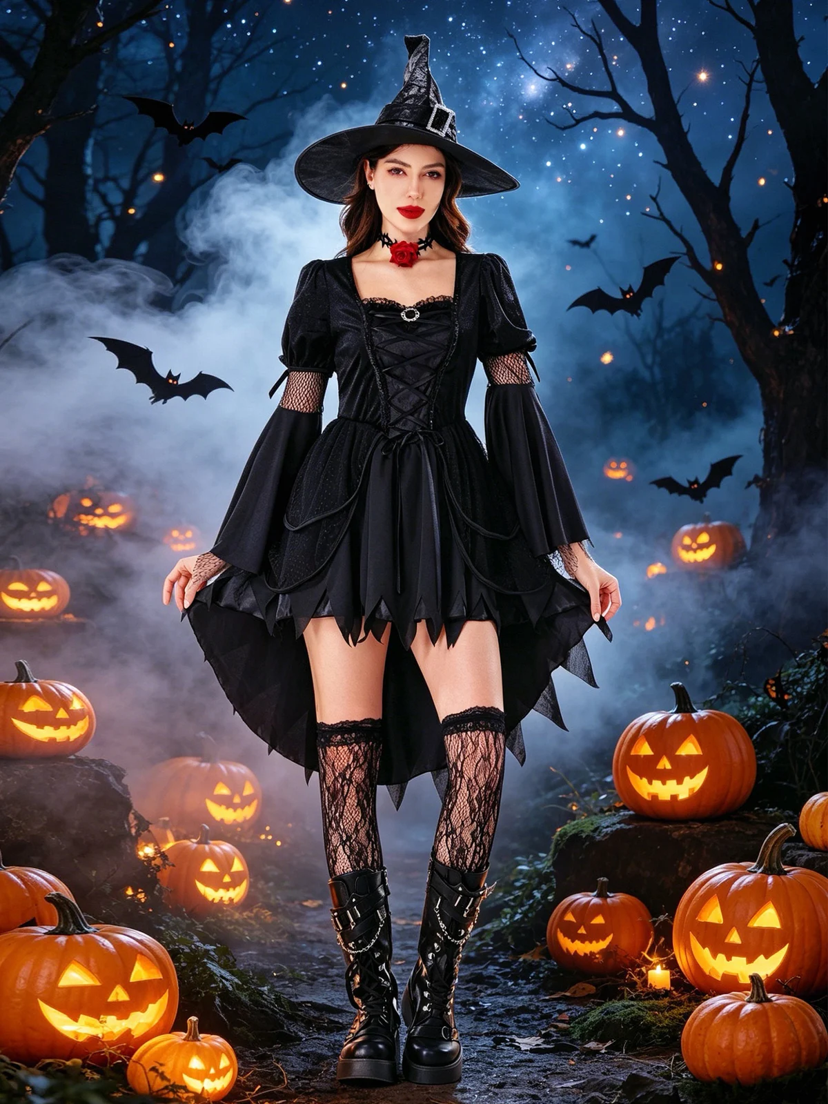 Women Gothic Witch Halloween Costume, Black Irregular Hem Dress With Hat, Dark Forest… — image 2