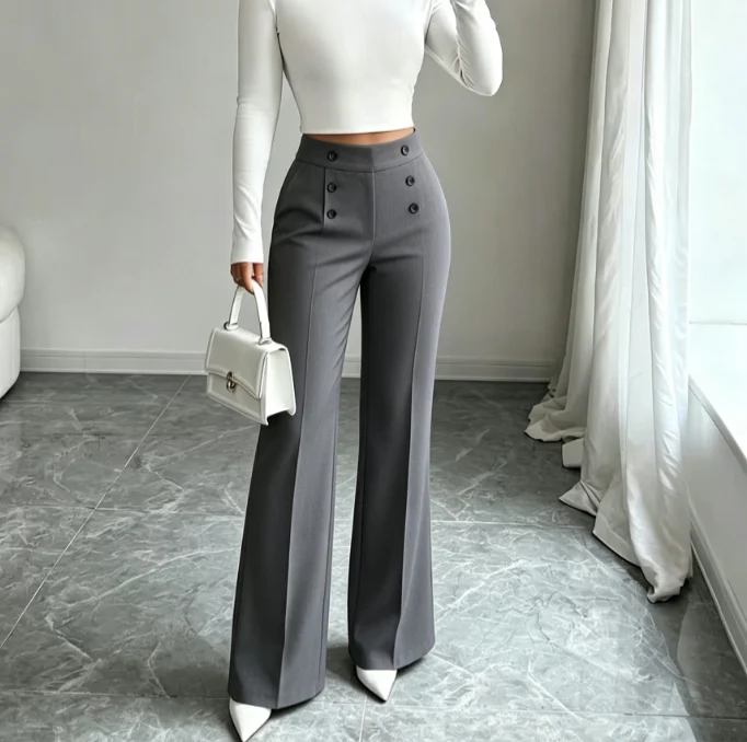 Women High Waist Double Button Flared Suit Pants — image 3