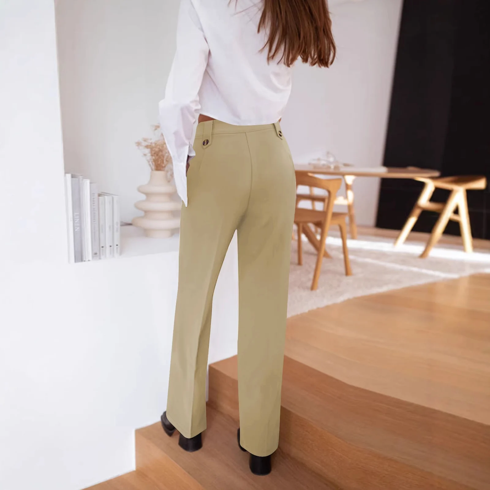 Women High Waist Wide Leg Pants Decorative Buttons Casual Loose Straight Trousers With… — image 7
