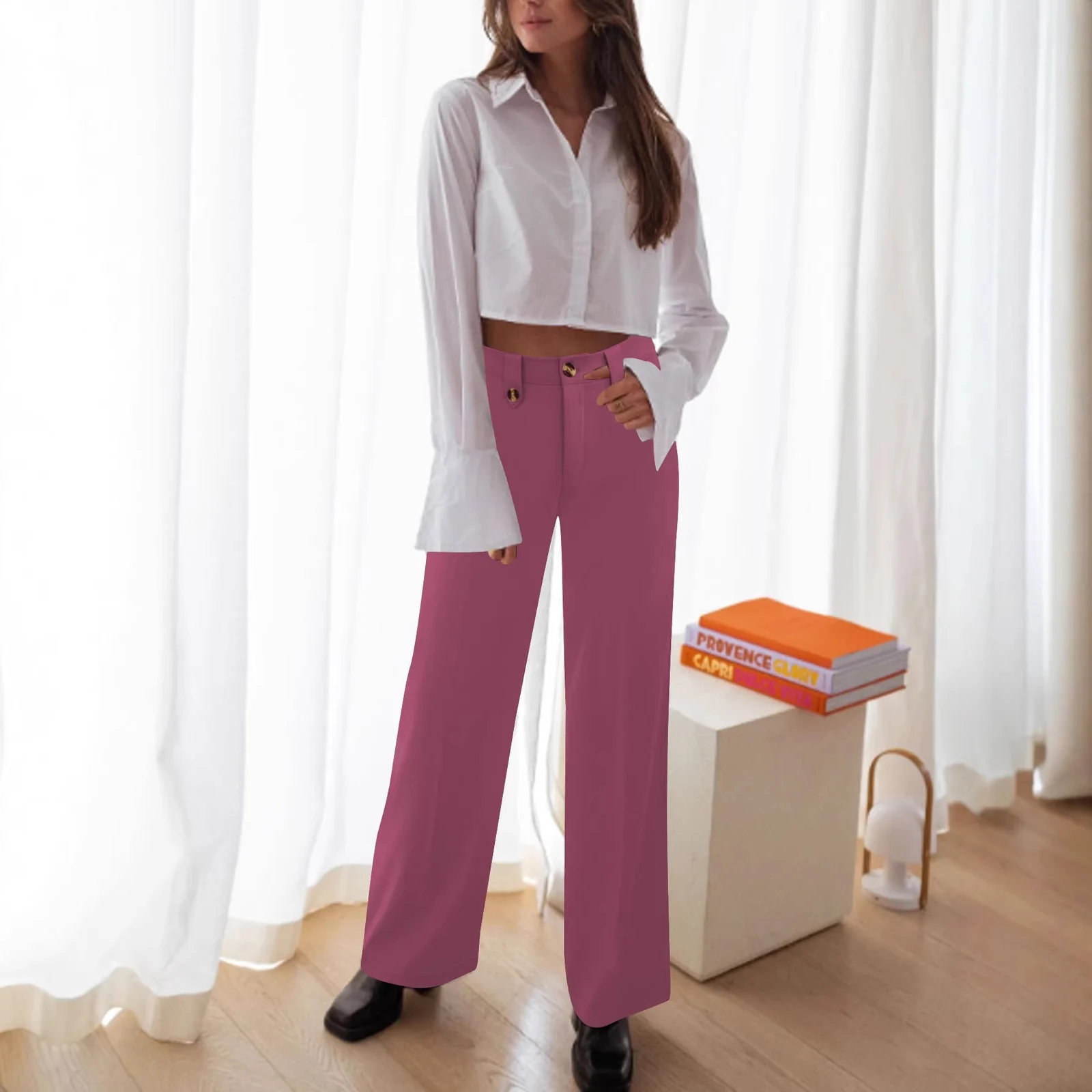 Women High Waist Wide Leg Pants Decorative Buttons Casual Loose Straight Trousers With… — image 3