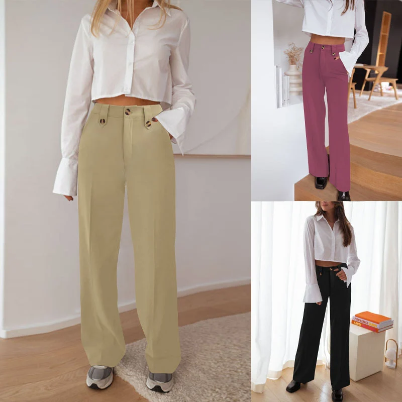 Women High Waist Wide Leg Pants Decorative Buttons Casual Loose Straight Trousers With… — image 4